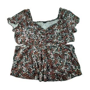 Torrid Women's Black Ditsy Floral Cutout Short Flutter Sleeve Babydoll Blouse 4X